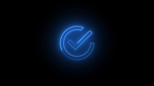 Glowing blue neon checkmark symbol animation on black background, for ui ux, tick