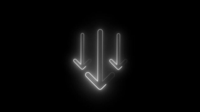 Neon glowing triple downward arrows motion on black background, direction