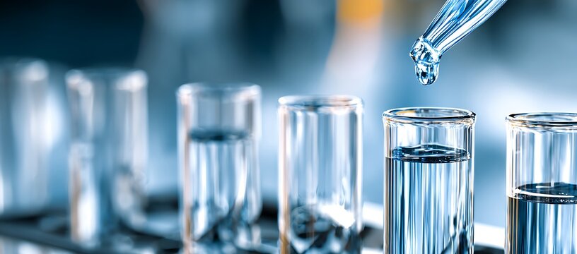 Concept of chemical, scientific experiment, monkeypox virus. Closeup, copy space on right. Chemistry experiments in science labs. Drop chemical matter into test tube place on desk. Blurred background