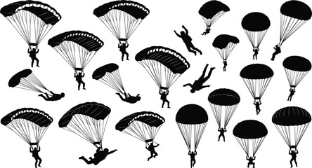  Skydiver and Parachute Silhouette Vector Illustration Set Featuring Extreme Sports Paragliding and Skydiving Icons for Adventure Activity Graphic Designs © MDTAREK