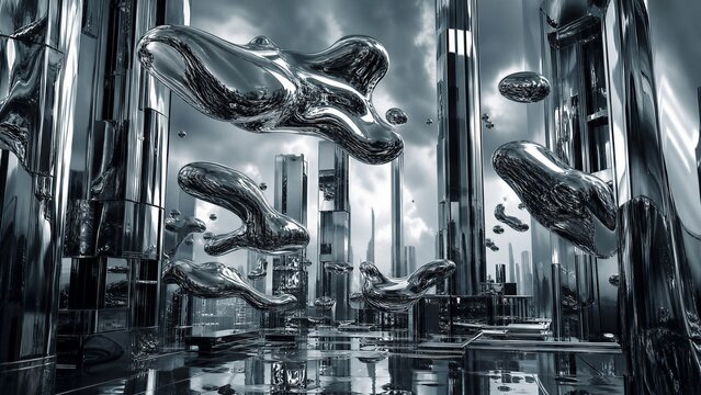 Futuristic architecture featuring mirror-finish chrome buildings and amorphous mercury clouds. Complex distorted reflections in a minimalist color palette with heavy metallic feel