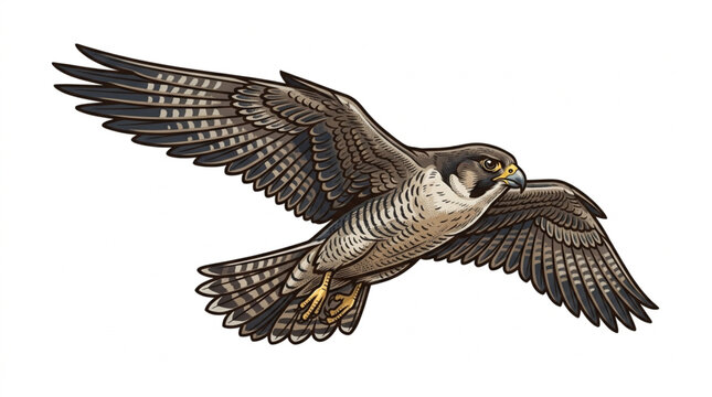 Gliding falcon bird vector illustration with detailed wing feathers on white background