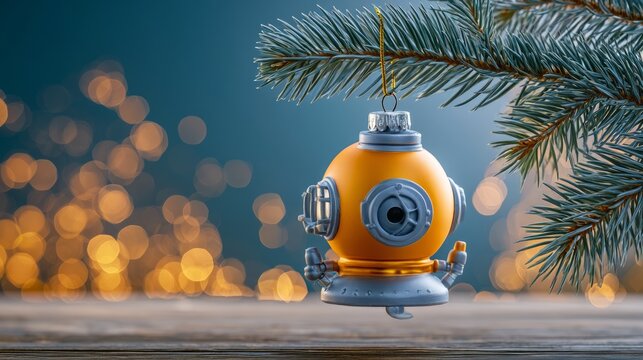 Vintage Gold Diving Bell Ornament Hanging from Pine Branch Decoration
