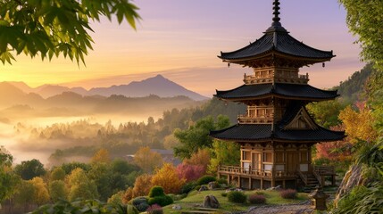 Fototapeta premium Serene Pagoda Rising Among Misty Hills at Dawn, Capturing Heritage Arc