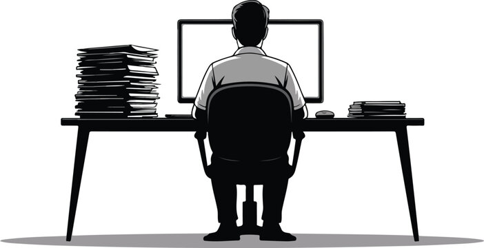 Rear view of a man working on a desktop computer with large stacks of documents on his office desk