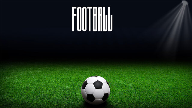Football background with soccer ball on green grass field under spotlight