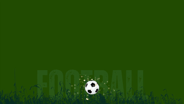 Football background with dark green grass field and soccer ball in motion