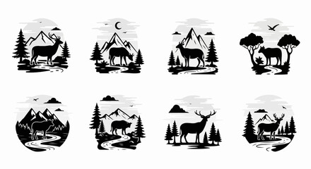 Obraz premium Deer Silhouettes Mountain Forest Scenes.