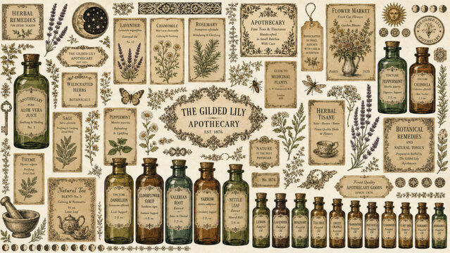 Vintage apothecary labels and botanical medicine bottles vector set, antique herbalist ephemera collection, sepia apothecary stickers and jars