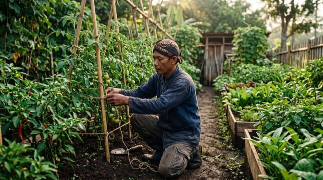 Cinematic Indonesian gardener tending to plant growth with patience and discipline; orang Indonesia working in a lush rural organic vegetable garden at sunrise.