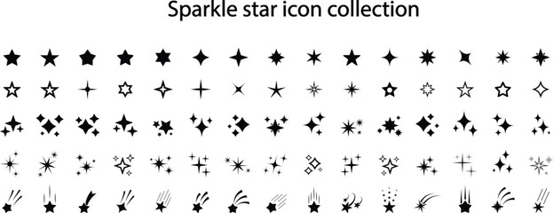 Sparkle star icon collection. Magic twinkling glitter symbols set, shining starry clusters, and cosmic falling comet trail silhouette vector illustrations © EMON