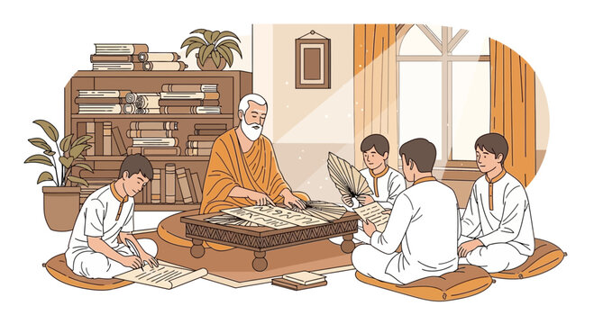 Guru purnima spiritual teacher teaching disciples in ancient library