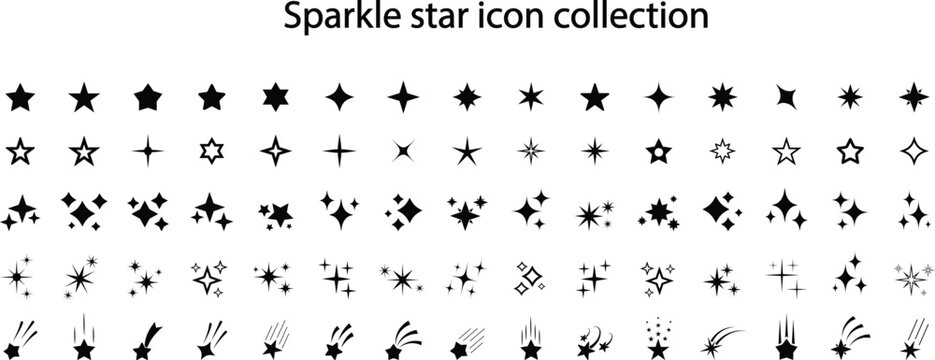 Sparkle star icon collection. Magic twinkling glitter symbols set, shining starry clusters, and cosmic falling comet trail silhouette vector illustrations