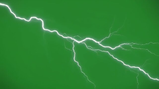 A bright white lightning bolt striking across a vibrant green screen background, ideal for visual effects.