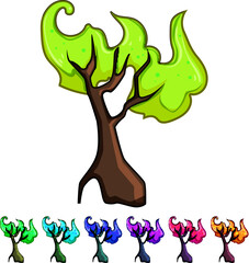 Naklejka premium Stylized fantasy tree with dark trunk and branches featuring wavy, glowing orange foliage and bright yellow speckles, symbolizing enchantment and whimsical nature