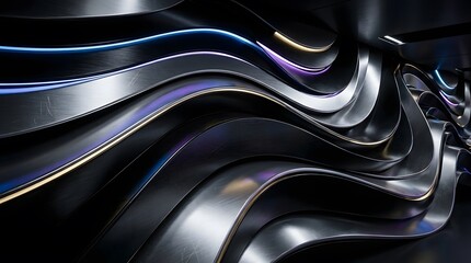 Fototapeta premium Abstract metallic waves, futuristic design elements, shiny black curves, iridescent lines
