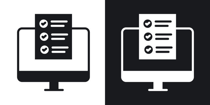 Online exam test icons in solid black and white collection