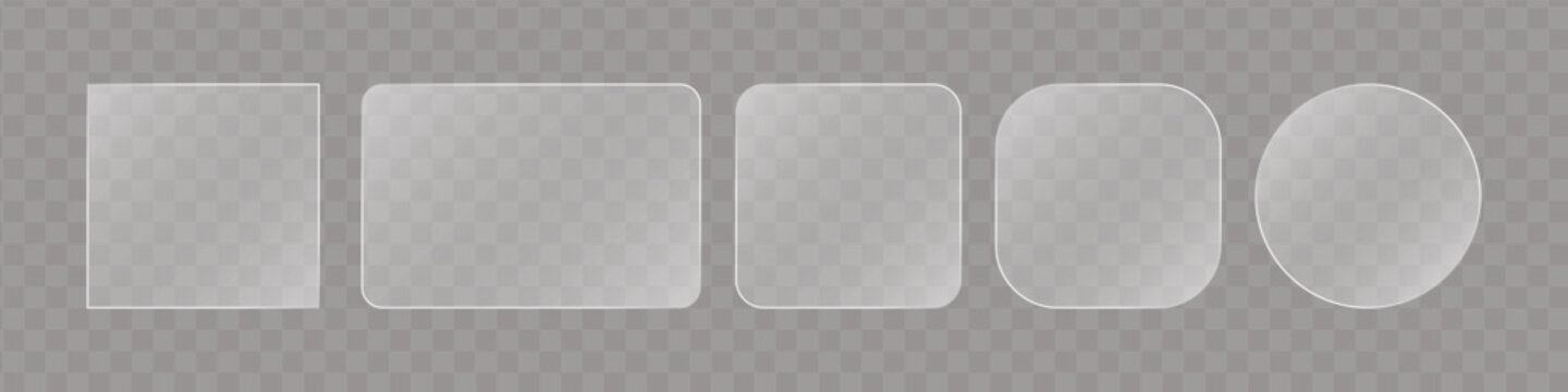 Set of glass elements in different shapes in glassmorphism style. Liquid glass effect. Glass panels with liquid glass effect on transparent background for UX design.