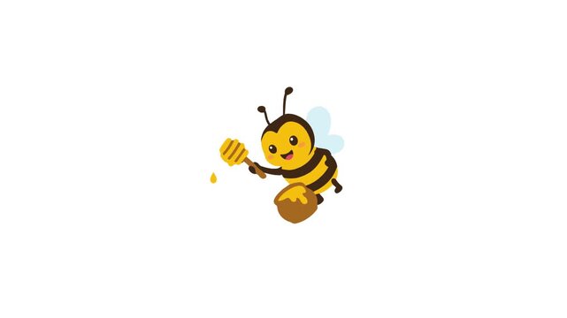 Cute Cartoon Bee Dips Honey Dipper into Honey Pot