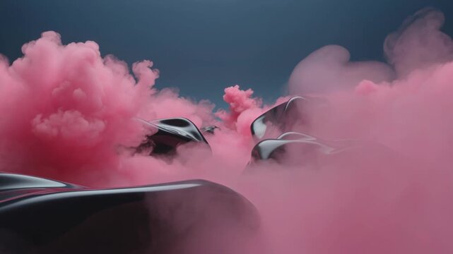 Futuristic organic metallic objects floating in vibrant pink clouds