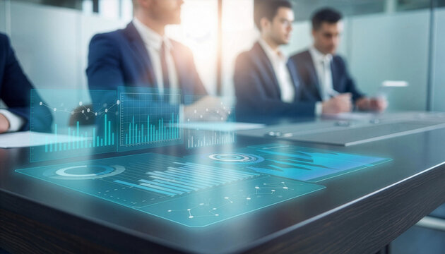 Glowing transparent holographic business charts display on a dark boardroom table before blurred executives during a meeting.
