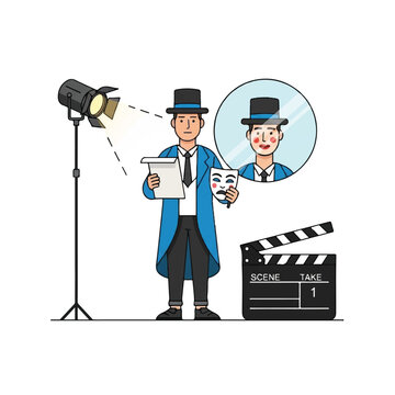 Cartoon magician with script and mask.