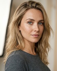 Fototapeta premium Woman looks directly at camera with calm expression in indoor setting