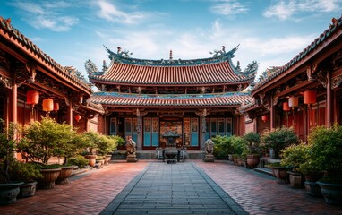 Obraz premium Serene Chinese Ancestral Hall Surrounded by Symmetrical Courtyards