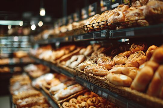 close up view of freshly baked bakery in hypermarket