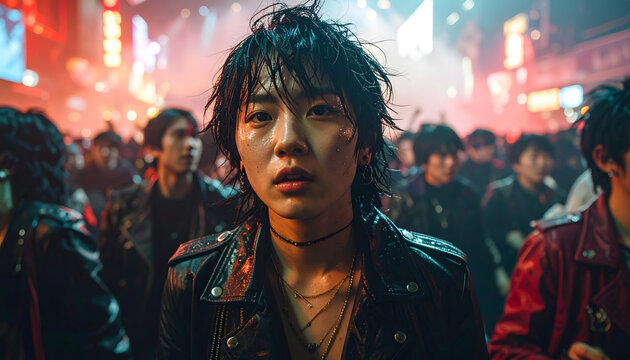 Crowd of people dancing in a chaotic punk rock concert moshpit with leather jackets sweat and blurred motion energy scene generative AI