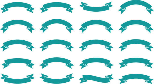 Set of flat teal curved ribbon banner vector silhouettes and illustrations for decorative graphic design