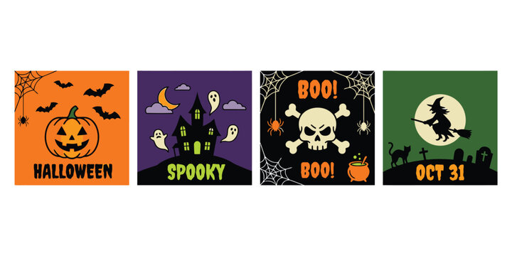Set of four colorful square halloween icons and stickers