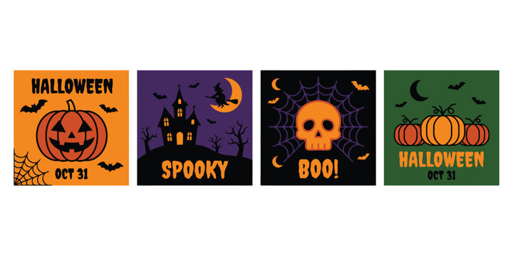 Set of four colorful pixel art halloween social media posters