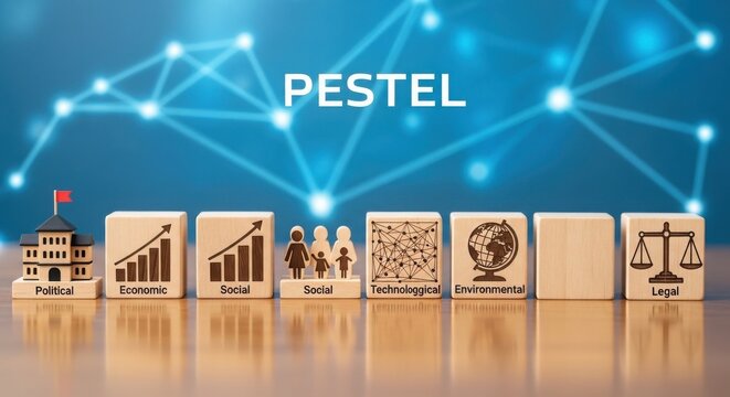 Pestel analysis diagram with eight business factors icons