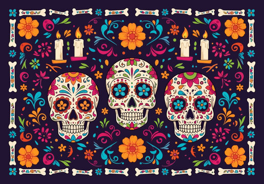 Colorful Dia de los Muertos Illustration with Sugar Skulls, Marigolds, and Candles