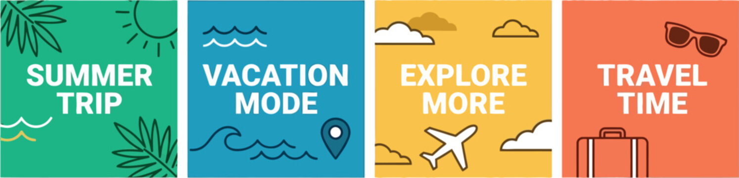 Set of four colorful summer vacation and travel icons