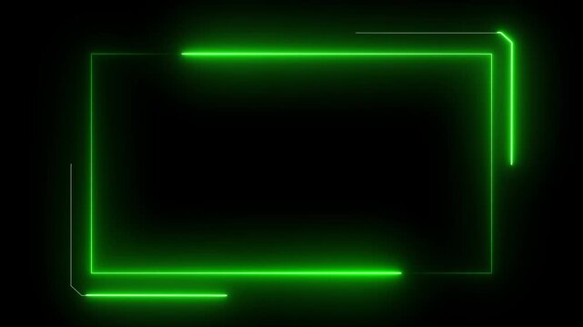 Abstract glowing neon square rectangle live stream layout animation seamless looping, green animated neon line border picture frame movement, neon rectangular box frame concert wall moving on black 