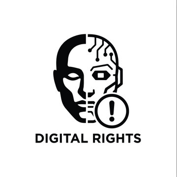 Human machine interface silhouette with exclamation mark on white background representing digital rights and security artificial intelligence automation binary code