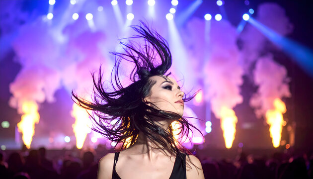 An upper body portrait of a young woman headbanging at concert creating a wild abandoned dynamic cinematic photograph generative AI