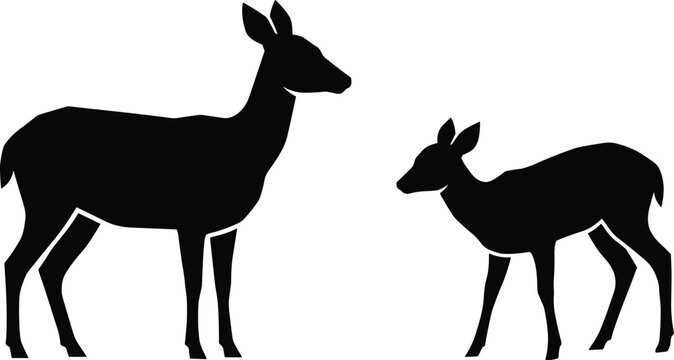 Minimalist black silhouette of a mother deer and her young fawn standing together in a peaceful nature wildlife design