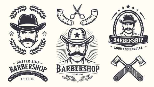 Set of vintage barbershop logos with cowboy heads, straight razors, scissors, and axes