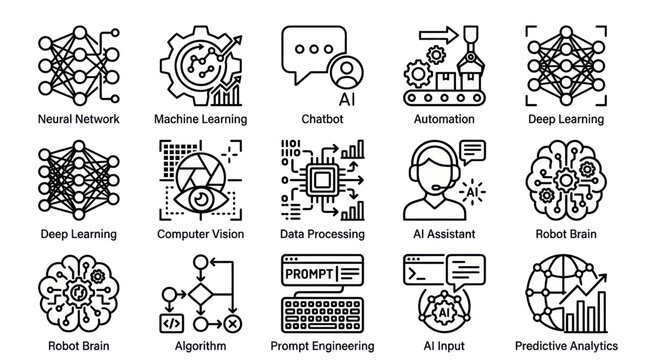 AI concepts illustrated with various nanang he (33)eps icons including machine learning and deep learning models