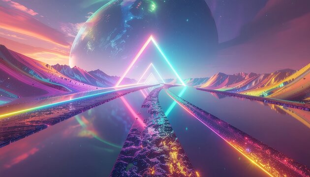 Vibrant Abstract Landscape with Geometric Light Beams.