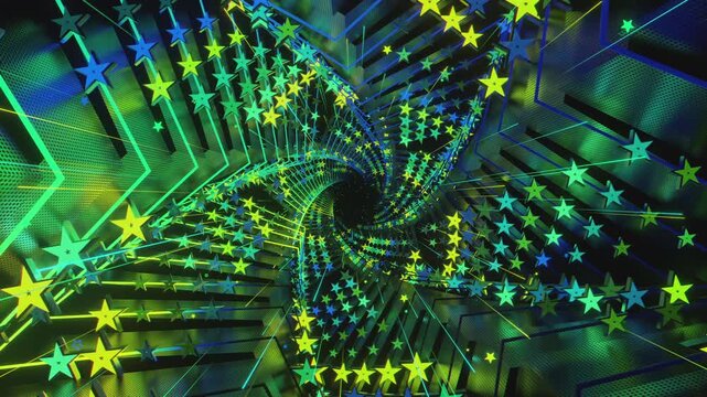 Seamless loop of a star-shaped tunnel. Abstract digital vortex with rhythmic motion and glowing geometric elements, creating a deep perspective background for stage screens and event displays.