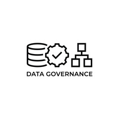 Data governance icon featuring a stack of disks a gear with a checkmark and building blocks management information architecture © Bar
