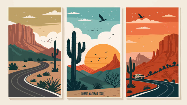 Set of three desert landscape posters with saguaro cacti, winding roads, rocky mountains, and sunset skies in a modern minimalist flat vector art style