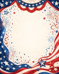 Obraz premium Patriotic American flag border with fireworks and stars, festive fourth of July background, red white and blue celebratory frame for national holidays
