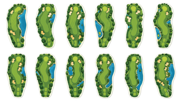 Golf course map icons set, 12 vector overhead hole layouts with green grass and water hazards, professional golf club landscape design elements