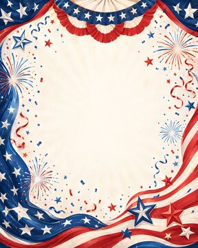 Patriotic American flag border with fireworks and stars, festive fourth of July background, red white and blue celebratory frame for national holidays