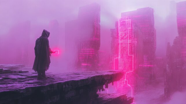 Mysterious figure in a hooded cloak with glowing object